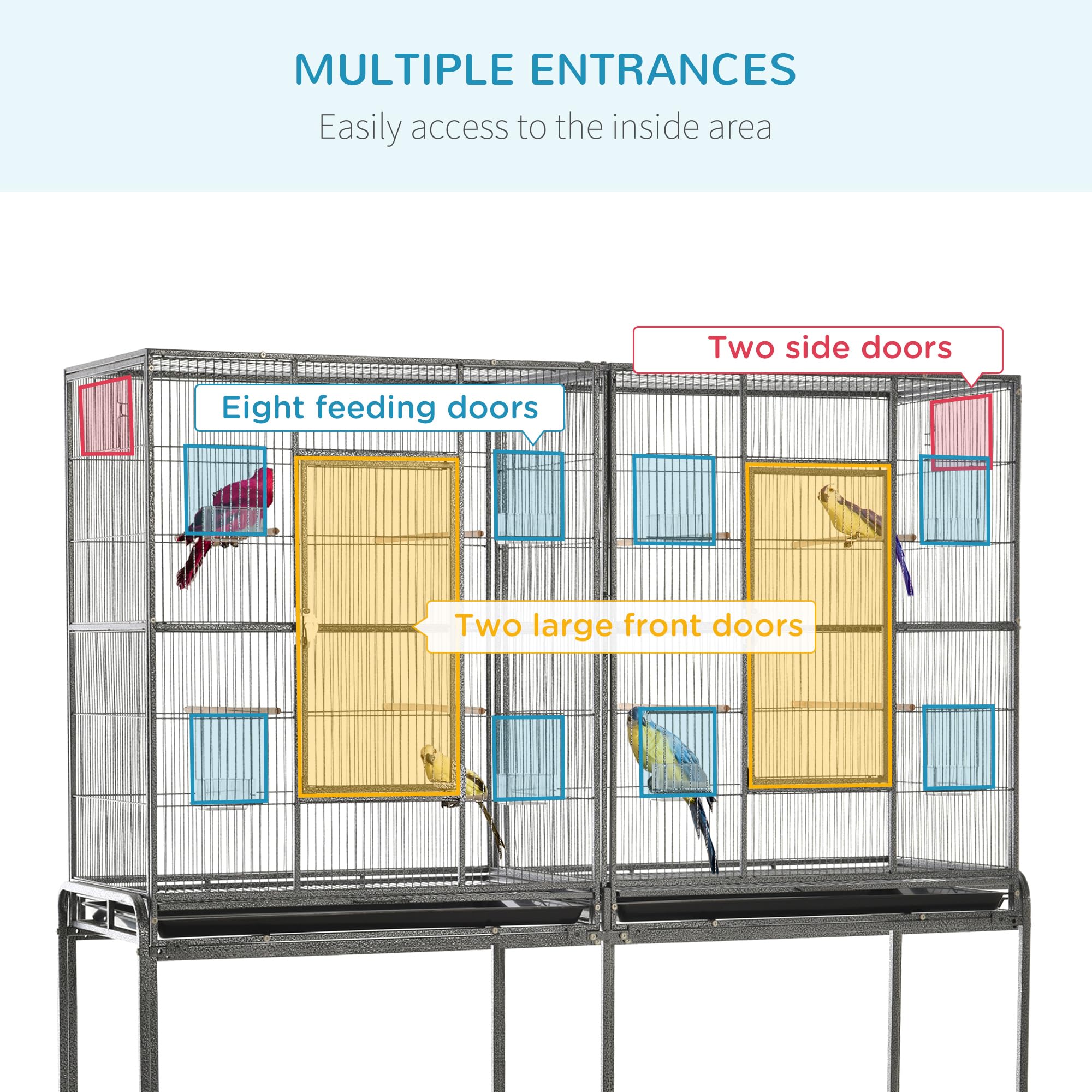 PawHut 30 Rolling Metal Bird Cage Feeder with Detachable Rolling Stand, Storage Shelf, Wood Perch & Food Container